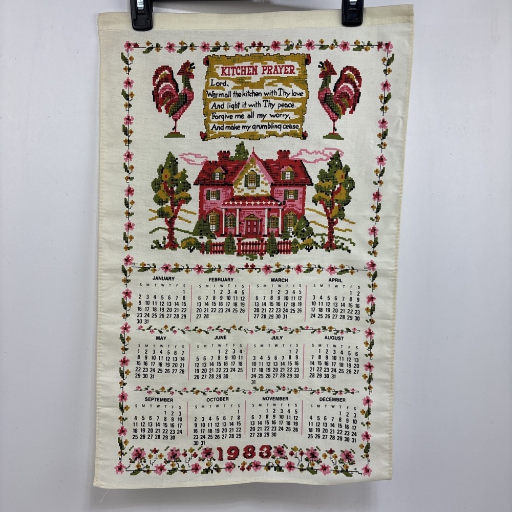VTG 1983 Kitchen Tea Towel Hanging Calendar Pink House Kitchen Prayer‎